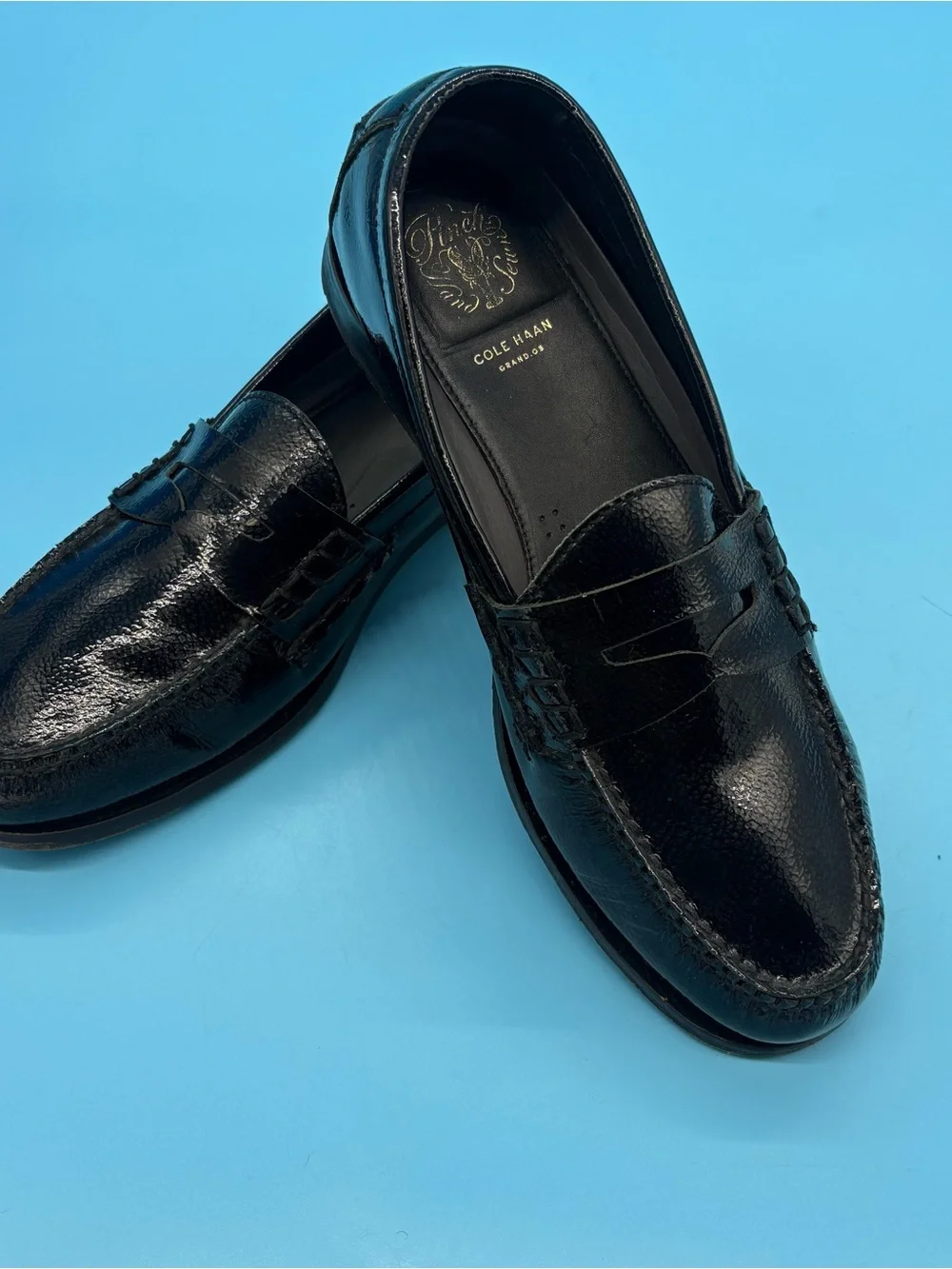 Cole Haan Grand Series Black Patent Textured Penny Toe Loafers Size 10M